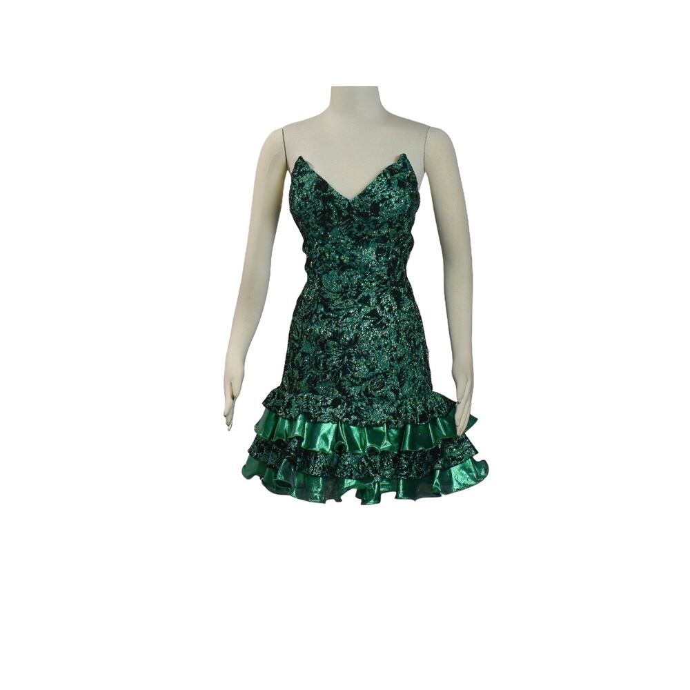 1990s Mike Benet Black Velvet Green Lamé Strapless Ruffled Formal Dress Sz 10
